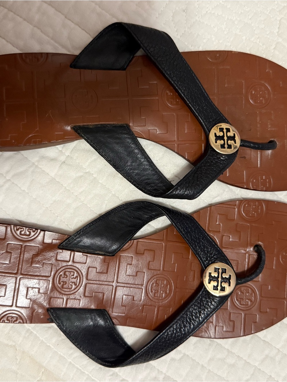 Tory Burch Black Leather Thong Sandals with Gold Logo